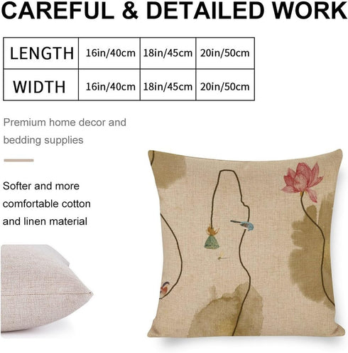 Chinoiserie Throw Pillow Cover Lotus Ink Painting Flowers Pillow Cases Farmhouse Home Decor for Room Couch Patio Porch Outdoor 18"x18"...