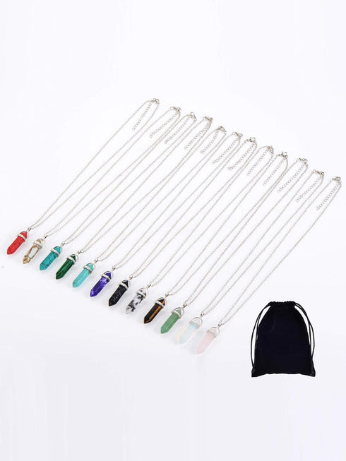 EBOOT womens 12 Pieces Hexagonal Chakra Crystal Bullet Shape Gemstone Pendant Necklaces Pointed Quartz Stone Chain Necklaces Artificial Stone with...