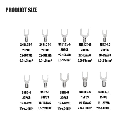 250pcs Non-Insulated Fork Terminals, Copper Fork Wire Connectors Terminals, AWG 22-16 16-14 14-12 12-10 Crimp Fork End Terminal, Tin-Plated Wire L...