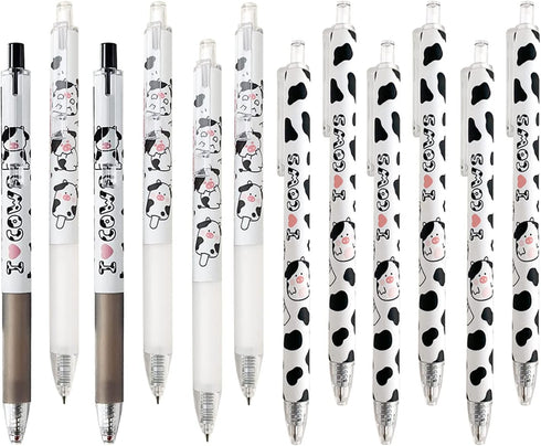12 Pcs Cute Cow Pen, 0.5mm Black Retractable Gel Ink Pens, Cartoon Gel Ink Pens Set, Cow Print Pens Kawaii for Office School Supplies, Gifts for B...