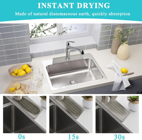 Diatomite Kitchen Faucet Mat, Quick Drying Kitchen Sink Splash Guard Behind Faucet, Grey Water Absorbing Stone Tray for Sink Drying Stone Mat for ...