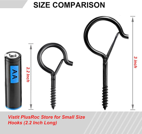 PlusRoc 20 Pack Large 3 Inch Q-Hanger Hooks for Hanging Outdoor String Lights Plants, Black Cup Hooks Screw in Eye Hooks wood Fence Wall Mount Cei...