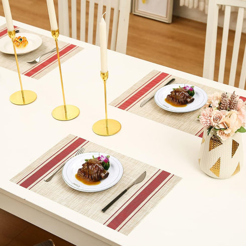 DACHUI Placemats Set of 4, Soft & Elegant Woven Vinyl Place Mats, Water Resistant, Heat Resistant, Washable, Durable Table Mats (Red Stripes)...
