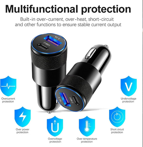Car Charger 3.1A USB Type C PD Apple Android Cellphone Charging Automobile Adapter Medium Charging All Vehicle Cigarette Lighter Outlet Port Plug...