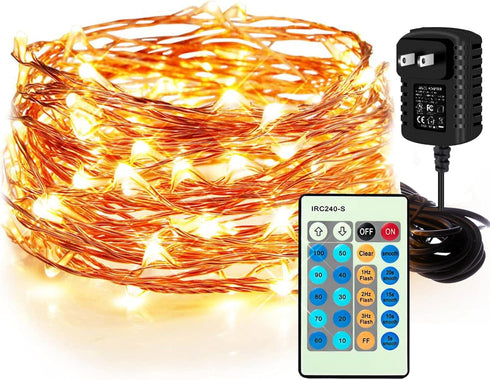 Moobibear Waterproof Fairy String Lights Plug in with 24 Keys Remote, 33ft 100LEDs Warm White Dimmable Starry Copper Wire Light for Indoor & Outdo...