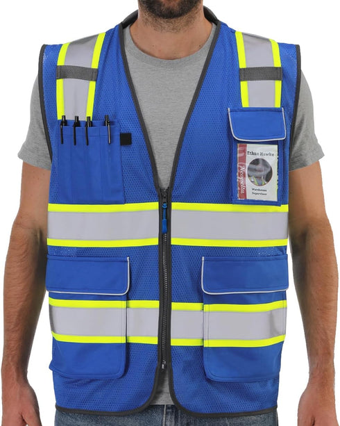 Reflective Safety Vest Blue Mesh, High Visibility Vest with Pockets and Zipper, Padded Neck, Blue with Yellow Trim L...