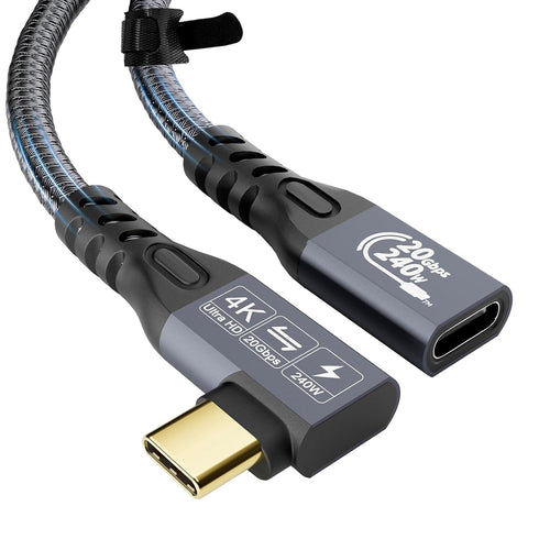 90 Degree USB C 3.2 Extension Cable, 2 x USB 3.2 Gen2 Type-C Male to Female Extender Cable Ultra 4K@60Hz 240W Charging 20Gbps Data Transfer with S...