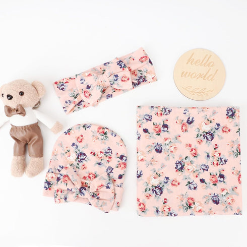 BQUBO Baby Girl Newborn Receiving Blanket with Bow Hat Headband Wooden Birth Announcement Card Set Baby Floral Print Nursery Swaddle Wrap...
