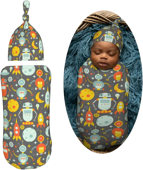 Robot and Moon Newborn Swaddle Blankets Hat Sets Soft Baby Receiving Blanket Swaddle Sack for Baby Shower Infant Boy Girl Gift...