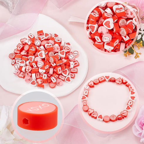1 Box 300Pcs Valentines Clay Beads Polymer Clay Beads Holiday Heart Red Tone Love Letter Loose Spacer Bead for Jewelry Making Supplies Bead Assort...