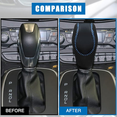 Leather Gear Shift Knob Cover Compatible with Ford Focus? Escape? Fusion? C-Max Energi Wagon? Transit ? Fiesta 2012-2019 Black Leather with Blue S...
