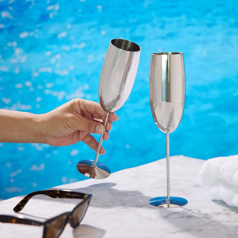 Oak & Steel - 4 Silver Stainless Steel Champagne Flutes with Gift Box, 284 ml - Elegant, Solid & Unbreakable - Outdoor Parties, Picnic, Beach & Po...