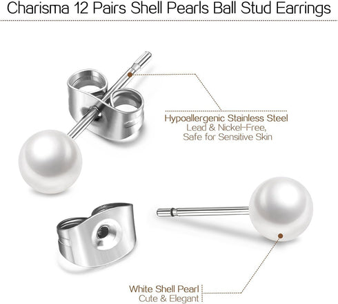 Charisma 6mm Composite Pearl Earrings Round Ball Pearls Stud Earrings Hypoallergenic 12 Pairs Imitation Pearl Earrings Set for Women...