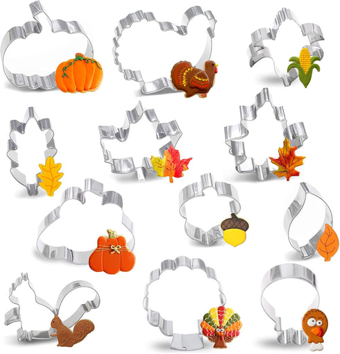 8PCS Large Fall Thanksgiving Cookie Cutter Set - Turkey, Pumpkin, Maple/Oak/Teardrop Leaf, Squirrel and Acorn...