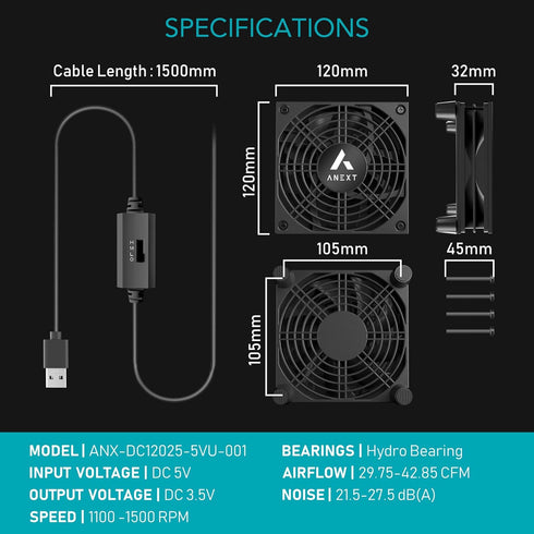 USB Router Fan, include 1000mm Extension Cable with 3-Speed Adjustable Controller, Cooling Case Fan for Receiver DVR Xbox TV Box Router 120mm x 25...