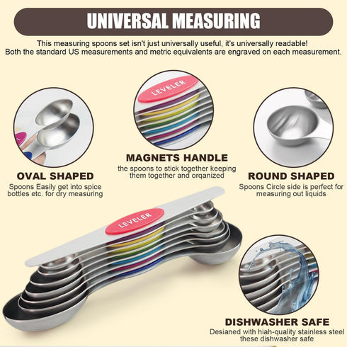 Magnetic Measuring Spoons Set of 8 Stainless Steel Stackable Dual Sided Nesting Teaspoons and Tablespoons for Measuring Dry and Liquid Ingredients...