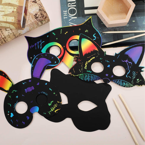 36 Pieces Scratch Paper Animal Masks Scratch Rainbow Masks with Elastic Cords and 12 Pieces Wood Stylus for Costume Dress up Parties Decorations a...