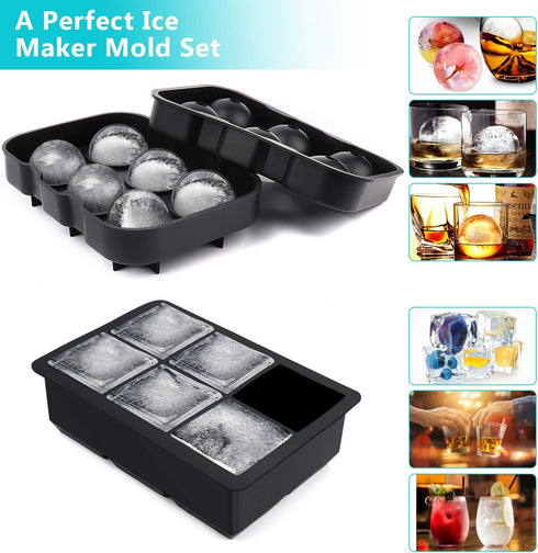 Large Ice Cube Trays Ice Ball Maker with Lids Combo(Set of 2), Silicone Sphere & Square Flexible Ice Cube Molds for Cocktails, Whiskey, Juice and ...