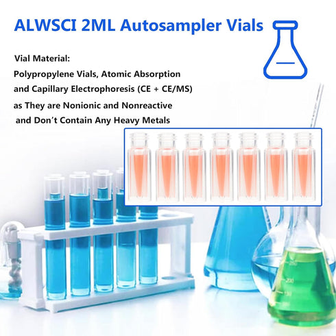 2ML Polypropylene Vials, 9mm Short Thread Vial with Micro Volume 300µL, Blue Screw Cap with Hole, WhitePTFE&Red Silicone Septa, for Ion Chromatogr...