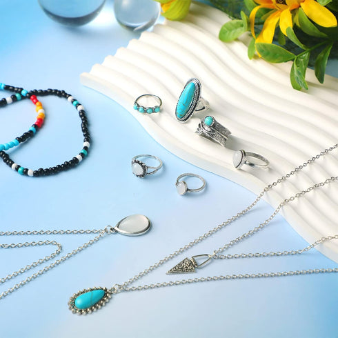 22 Pcs Western Choker Necklaces Rings Sets for Women, Western Bead Choker Silver Boho Turquoise Drop Pendant Necklaces Turquoise Rings Bohemian Hi...