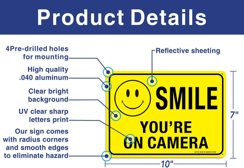 (4 Pack) Faittoo Smile You're On Camera Sign, 10x7 Reflective Rust Free .40 Aluminum, UV Protected, Weather Resistant, Durable Ink, Indoor & Outdo...