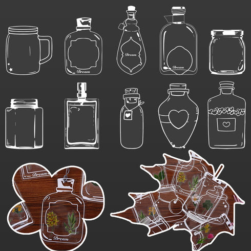 346Pcs Transparent Flower Scrapbook Stickers, Glassware Bottle Shape Bookmarks Set Include Colorful Tassels and Tweezer Hole Punch, Beautiful Flor...