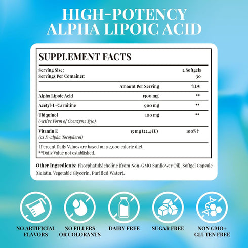 Alpha Lipoic Acid 1500 mg-Liposomal ALA Supplement for Cellular Energy Production,Lipid Metabolism,Free Radical Scavenger,60 Softgels...