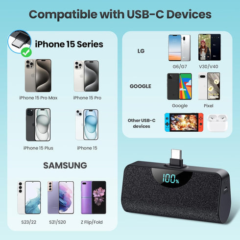 Mini Portable Charger for iPhone 15, Upgraded 5200mAh USB C Power Bank, LCD Display Battery Pack Android Charger Compatible with iPhone 15/15 Plus...