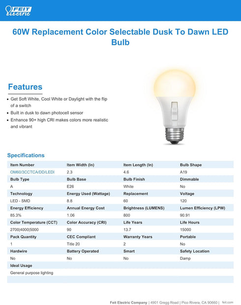 Feit Electric LED Three-Color Selectable, Built-in Dusk to Dawn Sensor Intellibulb - A19 with an E26 Medium Base Light Bulb - 60W Equivalent - 15 ...