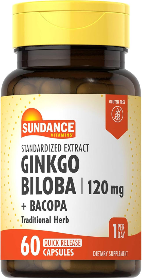 Ginkgo Biloba 120mg | 60 Capsules | Standardized Extract with Bacopa | Gluten Free Traditional Herb Supplement | by Sundance...