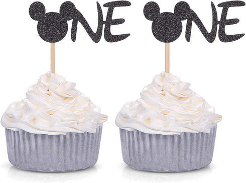24 Counts Black Glitter Mickey Mouse Inspired Cupcake Toppers Minnie One Baby Birthday Party Decorations...