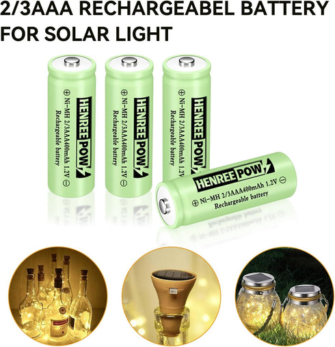 Henreepow Ni-MH 2/3AAA 1.2v 400mAh Rechargeable Batteries,Low Self-Discharge, Long Range with Button Top for Solar Lights,Length 2/3 The Size of A...