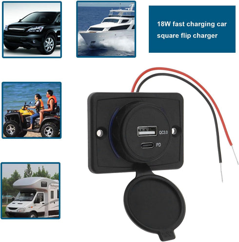Type C USB Car Charger Socket Power Outlet with Dustproof Cap Dual Port QC3.0 USB & PD Type C 12-24V 18W Quick Charge Socket Panel for Cars RVs Bu...