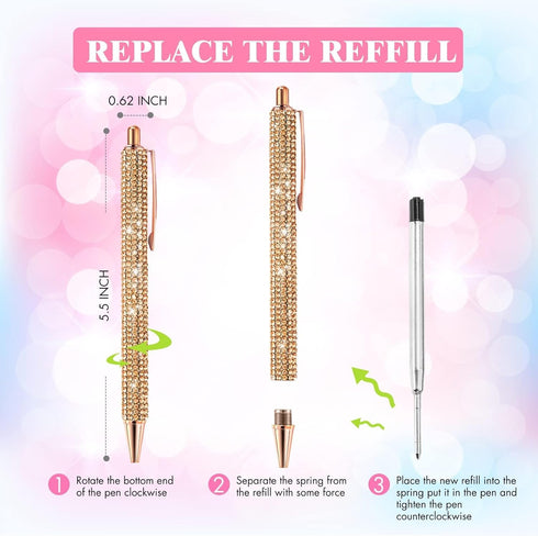 12Pcs Rhinestone Pens Bling Metal Ballpoint Diamond Pens Bulk Fancy Sparkly Crystal Press Retractable Black Ink 0.7mm For Women Office Meeting Bir...