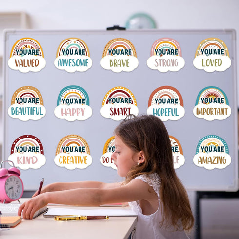 48Pcs Back to School Boho Rainbow Cutouts Inspirational Card Bulletin Board Bohemia Positive Sayings Accents Motivational Psychology Quote Card Cl...