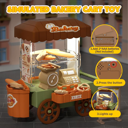 Kitchen Toy Foods Set for Kids, Pretend Play Bakery Shop Toy Shopping Cart with Accessories & Light, Educational Interactive Store Trolley Toy for...
