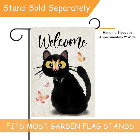 Welcome Black Cat Decorative Garden Flag, Cute Kitten Butterfly Home Yard Outdoor Decor Cat Lover Gifts, Spring Summer Seasonal Small Outside Deco...