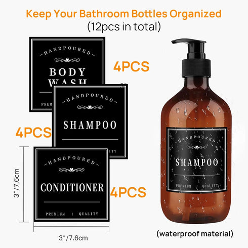 12PCS Bathroom Labels for Soap Dispenser, Removable Bathroom Organization Labels, Waterproof Bottle Labels for Shampoo Conditioner Body Wash (Blac...