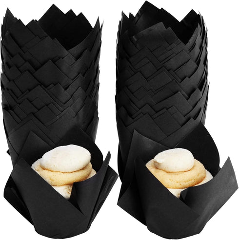Juvale 100-Piece Bulk Black Tulip Cupcake Liners - 2 x 3.5 Inches Medium Baking Wrappers - Black Cupcake Liners for Halloween Parties, Wedding Rec...