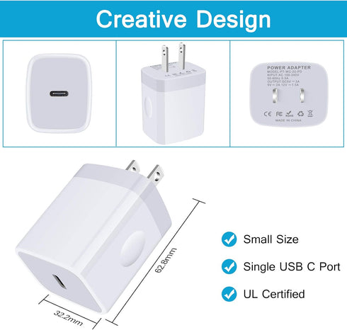USB C Wall Charger, 20W Fast Samsung Charging Box Block Type C Power Wall Adapter Plug Cube for iPhone 14/13/12/11,Airpods Pro,iPad Air,MacBook Ai...