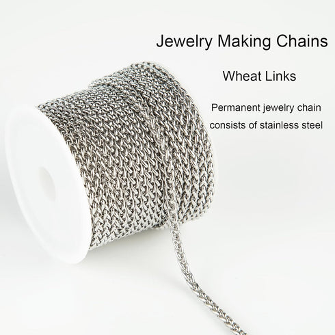 Jabogrii 5 Meters Sliver Jewelry Making Chains Stainless Steel Wheat Jewelry Chain Roll DIY Necklace Bracelet Chain for Jewelry Making...