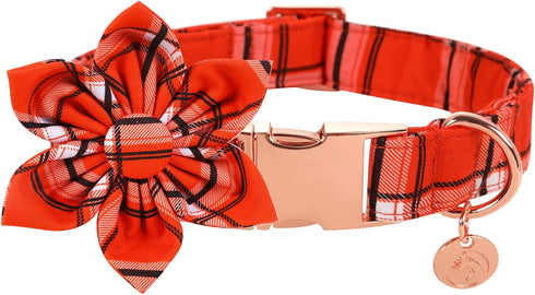 Dog Collar with Flower, Fall Orange Plaid Dog Collar Cute Pet Collar Adjustable Dog Collar for Small Medium Large Dog...