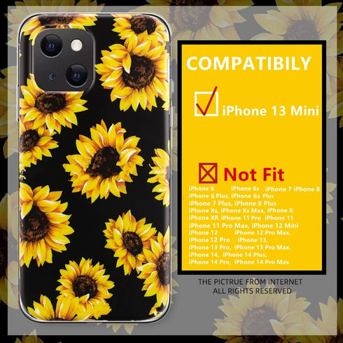 Case for iPhone 13 Mini, Sunflower Floral Pattern, Shockproof Soft Silicone Slim Cute Yellow Flower Case Compatible with iPhone 13 Mini 5.4 Inch...