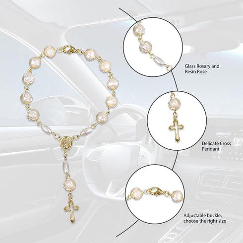 2 PCS Car Rearview Mirror Rosary Pendant, Rose Bead Christening Hollow Cross Bracelet, Creative Fashion Exquisite Bead Decoration, for Most Car, T...