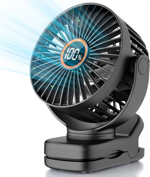 TUNISE Mini Clip on Fan, Battery Operated Desk Fan, Digital display?3 Speeds Adjustable, Bidirectional 360 ° Adjustable, Super Strong Wind, Portab...