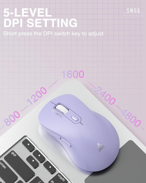SM66 Purple Silent Dual Mode Wireless Mouse for Laptop, Adjustable 4800 DPI,Rechargeable Computer Mouse for Bluetooth and Wireless Connection...