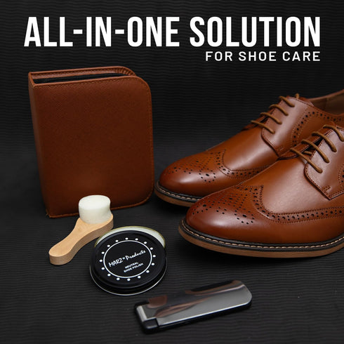 Deluxe Portable 7pc Shoe Shine Kit - Genuine Horsehair Brush, Black & White Shoe Polish - Suede & Leather Cleaning Kit for Sneakers, Boots...