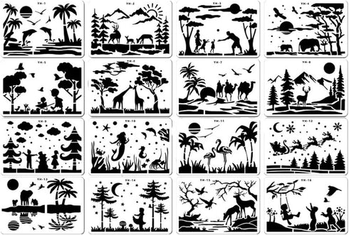 Animal Stencils for Painting,16 Pcs Forest Landscape Stencil,Mountains Rivers Stencils,Reusable Plastic Painting Stencils,Animals, Plants, People,...