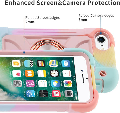 iPhone SE3/SE2/6/6S/7/8 4.7" Heavy-Duty Military Grade Rugged Case with Ring Stand & 2 Screen Protectors (Rainbow Pink)...