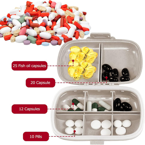 1Pack Travel Pill Organizer, 8 Compartments Portable Pill Case, Small Pill Box for Pocket Purse Portable Medicine Vitamin Container Beige...